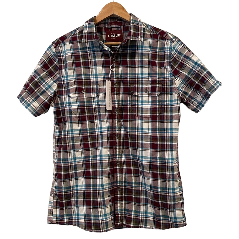 Alesbury Men's Plaid Button Down Short Sleeve Shirt Red Blue White, Size Small